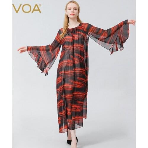 VOA Micro-permeable Georgette Elegant Lotus Sleeves Silk Dresses O-Neck Straight Loose Print Outer Shirt Sexy Women Dress WE122