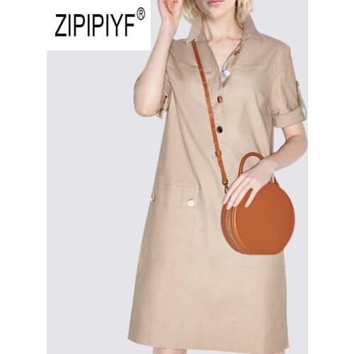 Vintage Fashion Women Dresses Turn Down Neck Three Quarter Sleeve Single-breasted Shift Dresses Short Casual Office Dress Z2672