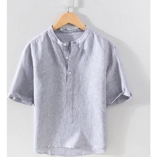 100% Linen new brand casual stand collar yarn dyed gray shirt men trendy comfortable half-sleeve shirts for men tops chemise