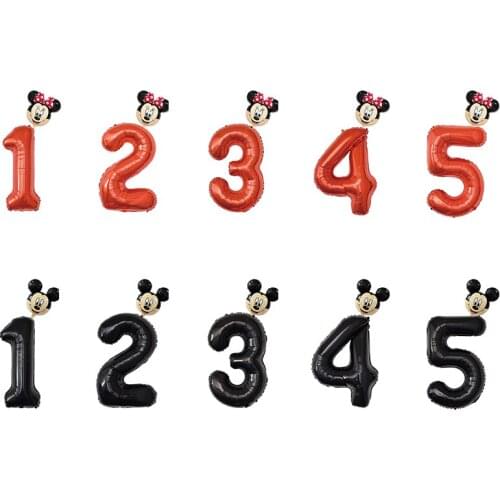 2pcs/set 32inch Red Black Number Foil Balloons Mickey Minnie Head Figure 1 2 3 4 5 Year Kids Boy Girl Birthday Party Decoration