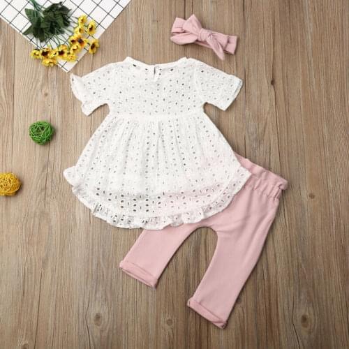 3PCS Newborn Kid Baby Girls Clothes Lace Short Sleeve Tops T Shirt + Pants Leggings Outfit New Style 2021