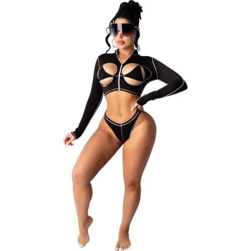 Zoctuo Hollow Out Club 2 Piece Set Summer Long Sleeve WomenS Set Outfits Zipper Tops Underpants Fashion Sexy Two Piece Set