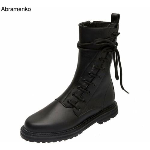 Women Lace Up Martin Boots Army Military Mid-Calf Punk Motorcycle Boots Round Toe Ladies Black PU Leather Boots Shoes Size 35-40