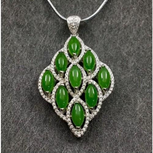 925 Sterling Silver Jasper Green HeTian Jade Beads Inlay Flower Design Lucky Pendant + Chain Necklace Charm Jewelry Girls Gift