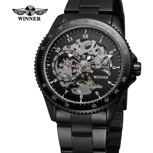 2018 WINNER Brand Mens Watches Mechanical Full Black Stainless Steel Skeleton Self-winding Man Automatic Watch Relogio Masculino