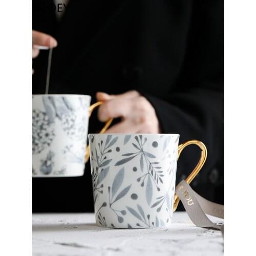 Flowers Coffee Mugs Gold Handle Ceramic White Coffee Mugs Porcelain Handmade Office Drinking Tea Cup Tazas Creative Milk Cup Hot