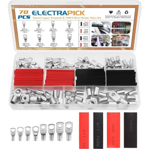Electrapick 140pcs Bolt Hole Tinned Copper Terminals Wire Connector Cable Lugs Ring SC Terminals Set Marine Cold-Pressed Crimp