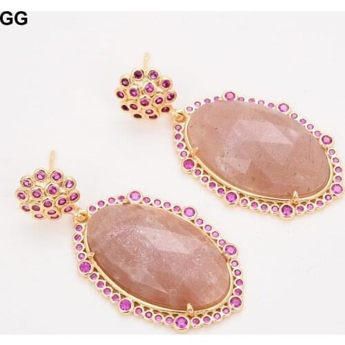 GuaiGuai Jewelry 22x33mm Natural Faceted Oval Sunstone Cz Pave Stud Earrings For Women