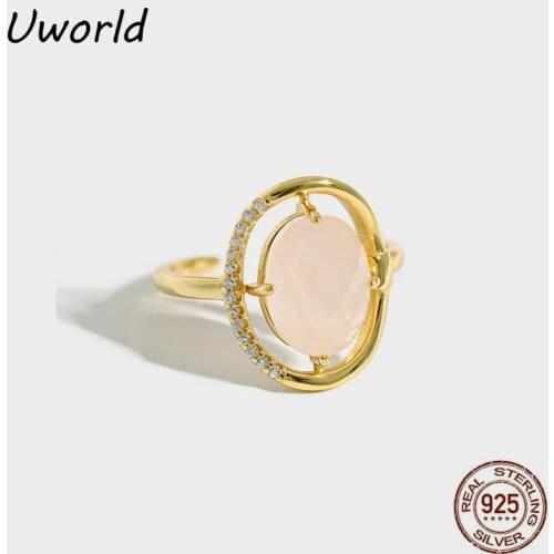 Round Rose Quartz Stone Open Ring Good Selling S925 Sterling Silver Rose Quartz Stone Rings 18K Gold Plated Ring