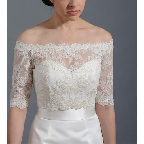 Lace Appliqued Short Sleeve Jacket One Shoulder Jacket Perspective Network 10 White Buttons Jacket for Wedding Bride Jacket