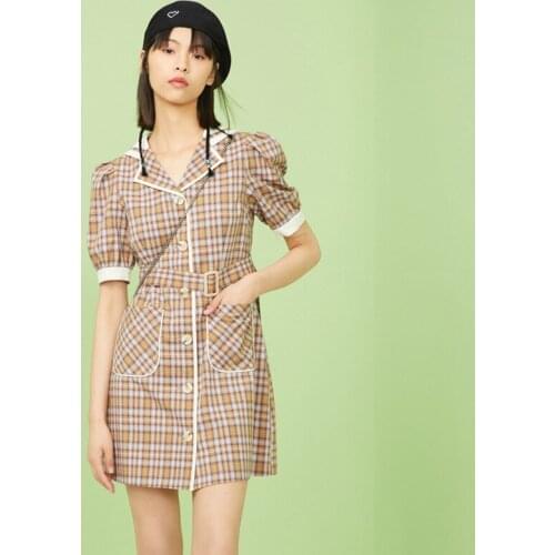 Summer Dress Female Plaid Dress 2021 Female Button Pockets Casual Womens Dresses Short Sleeve Sashes Dresses Summer 2021 Ladies