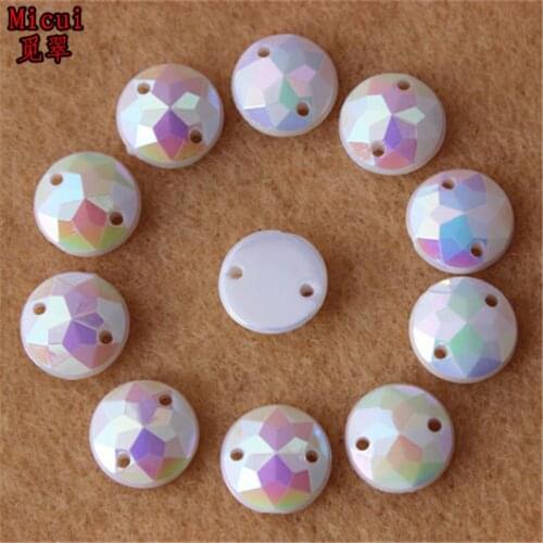 Micui 100PCS 10mm AB White Round Acrylic Rhinestones Crystal Flat Back Beads For Clothing Craft Decoration Sew On 2 Hole ZZ4C