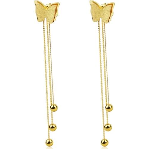 Fashion Rose Gold Frosted Butterfly Earplugs Hanging Three Steel Ball Tassel Earrings For Women Jewelry Wholesale