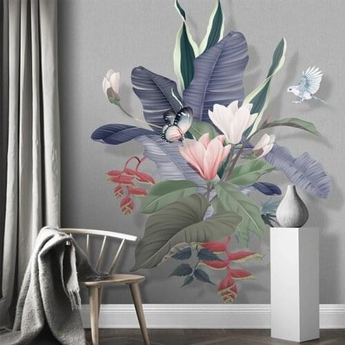 Hand Painted Plant Leaves Purple Magnolia Flowers Wallpaper Custom 3D Photo Mural for Bedroom Living Room Corridor Background