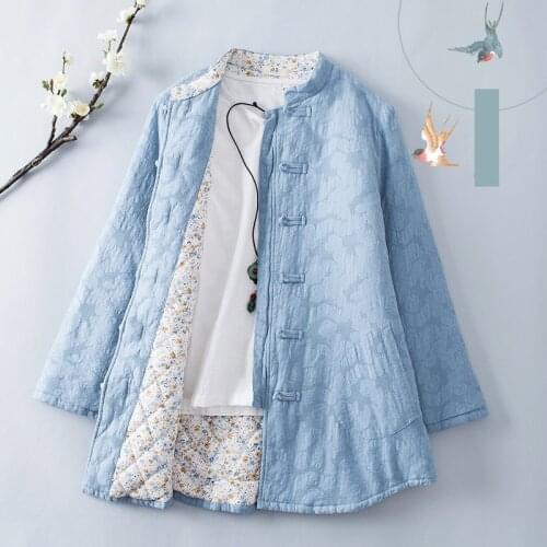 Original Chinese Style Stand Collar Buckle Cotton Linen Jacquard Womens Autumn Winter Padded Floral Lining Outerwear Vintage