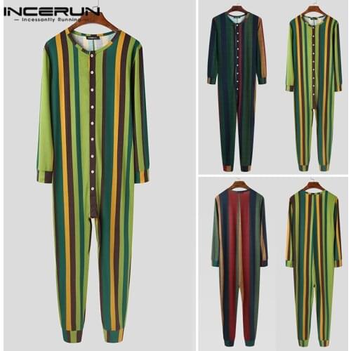 INCERUN Men Pajamas Jumpsuit Striped Homewear Long SLeeve Button Fitness Cozy Rompers Mens Leisure Comfortable Sleepwear S-5XL 7
