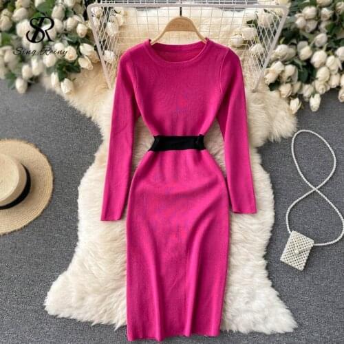 SINGREINY Women Sexy Split Knitted Dress Long Sleeve O Neck Elastic Slim Sheath Dresses Autumn Bodycon Streetwear Short Dress
