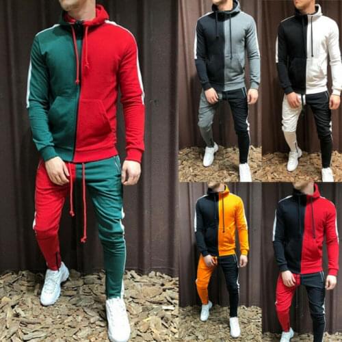 Mens Gym Tracksuit Set Patchwork Long Sleeve Hoodie amd Pants Sports Jogging Tracksuit Zipper Sweatshirt Pants Joggers Suit