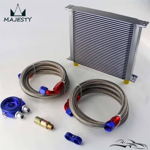 AN10 34Row 248mm Universal Engine Transmission Oil Cooler British Type + Aluminum Filter Hose End Kit Blue/Black