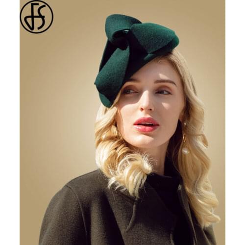 FS Fascinators For Women Wedding 100% Wool Fedora 2020 Church Hats Green Ladies Pillbox Hat Felt Flower Berets Cap Chapeau Femme
