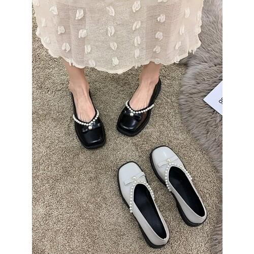 Womens shoes leather shoes spring 2021 new pearl soft sole casual low heels