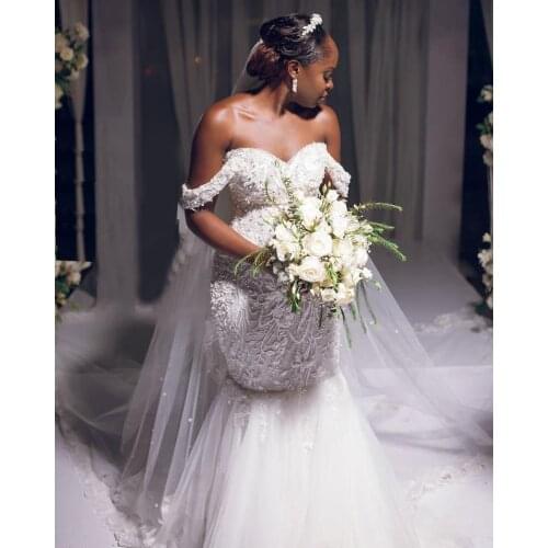 2021 African Mermaid Wedding Dresses Plus Size Off Shoulder Tulle vestidos de novia Lace Appliques Bridal Gowns