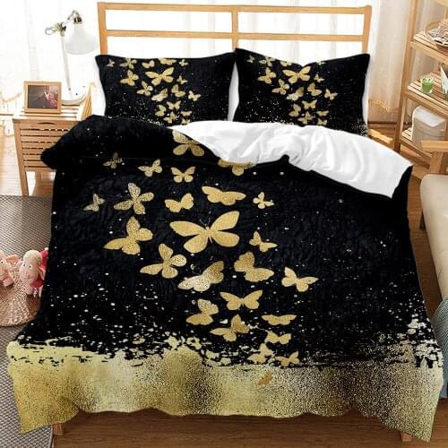 Golden Butterfly Printed Duvet Cover 3pcs Quilt Cover Bedding Set Queen King Comforter Cover Single Double Bedclothes