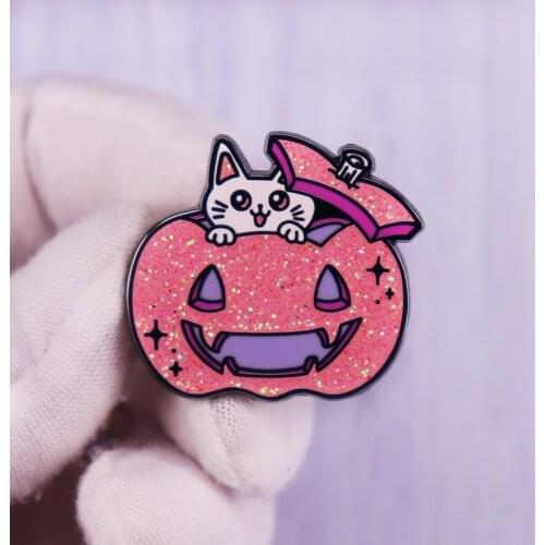 Glitter pink Pumpkin Cat Enamel Pin Brooch Halloween Kawaii kitten lantern badge Art Accessory Jewelry