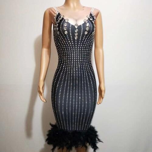Shiny Nightclub Rhinestone Feather Dress Black For Female Host Evening Party Clothing Birthday Bar DJ Women Stage Costume DJ548