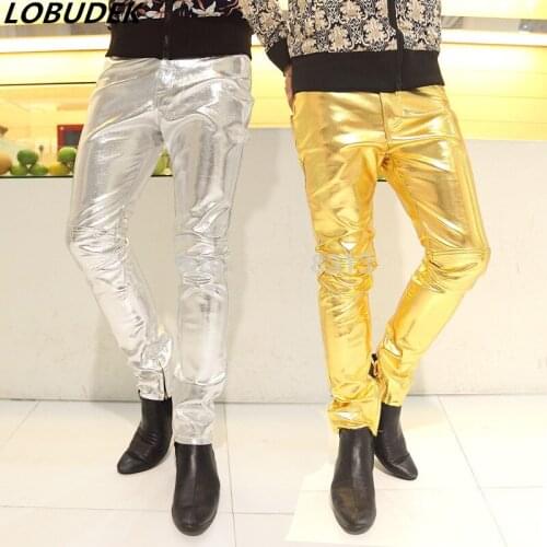 Gold silver black leather pants male ds costume fashion star fashion male PU pants sexy slim for singer dancer nightclub prom