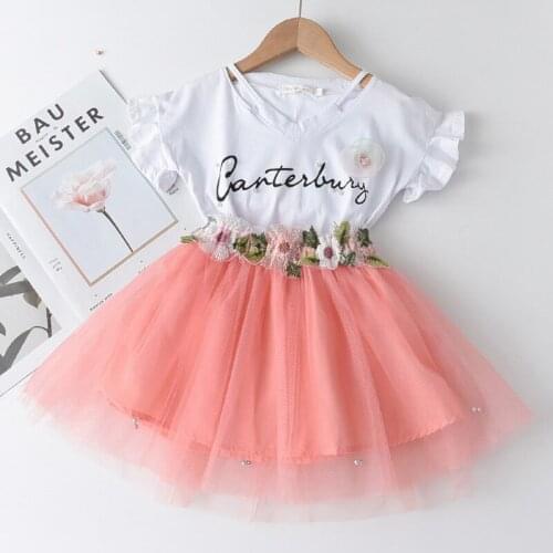 2021 New Summer Girl Set Kids Suits Sleeves Applique Clothes + Embroidery Pearl Mesh Dress Children Bubble Clothing Sets 3-7T