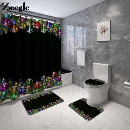 Flannel Bath Mat and Polyester Waterproof Shower Curtain Set Absorbent Toilet Seat Cover Mat Anti-slip Floor Pad Carpet Rug