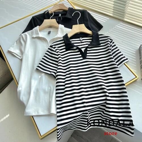 KONDALA Za Vintage Oversized Polo Tshirts Women Striped Print 2021 Summer Short Sleeve Casual Girls T-Shirts Chic Mujer Tops