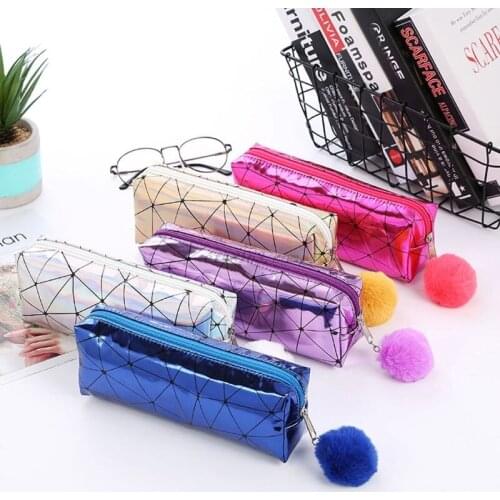 Holographic Iridescent Laser Pencil Case for Girls Cute Pencil Box Hairball Pencil Bag School Supplies Stationery