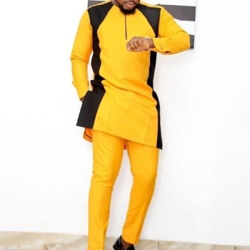 YellowBlack Cotton Patchwork Tops+Solid Trousers Senator Style Custom Made Mens Suits African Fashion Wedding Party Wear