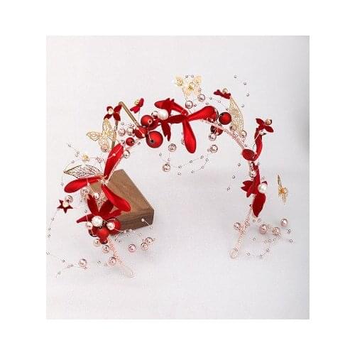 Korean bride Crystal Wedding Hair Accessories Headband earrings set red Pearl Bridal Hairbands Crown Headpiece Bride Womens Jew