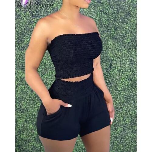 Summer Women Bandeau Shirred Top & Pocket Design Shorts Sets