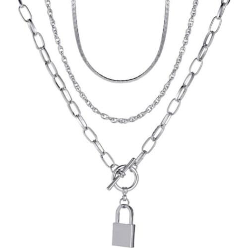 Layered Chain Necklace Chains Lock Pendant Jewelry for Women Punk Choker Padlock Goth Jewelry