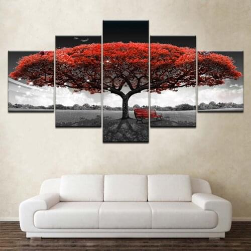 Modular Canvas HD Prints Posters Home Decor Wall Art Pictures 5 Pieces Red Tree Art Scenery Landscape Paintings Framewor
