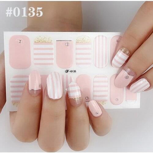 Lamemoria 14tips/sheet Nail Art Sticker Fully Wrapped Light Color Series Striped Nail Sticker Self-adhesive Shiny Nail Sticker
