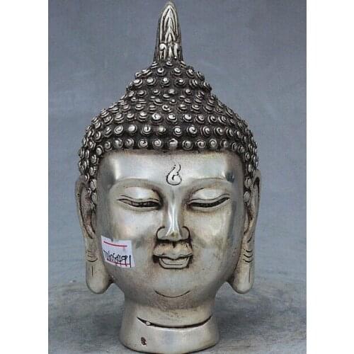 Decoration Tibet copper silver 6" China Tibet Buddhism Silver Sakyamuni Shayamuni Buddha Head Statue Sculpture