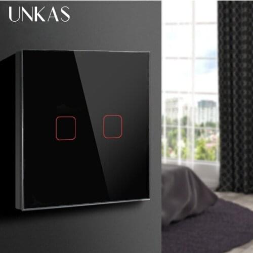 UNKAS LED Lamp Touch Switch EU/UK Standard Glass Panel Switch, 2 Gang 1 Way, AC220V EU Light Wall Touch Screen Switch