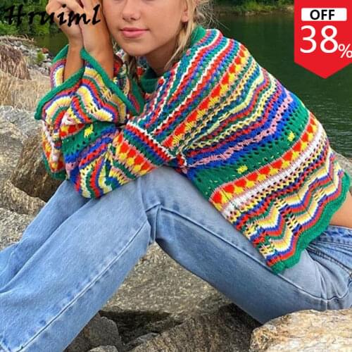 Long Sleeve Autumn Clothes Women Sweaters O Neck Rainbow Patchwork Casual Fashion Women Sweater Knit Christmas Winter Sweater