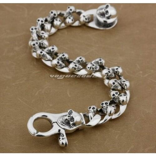 Heavy 925 Sterling Silver Skulls Mens Biker Bracelet 8F009