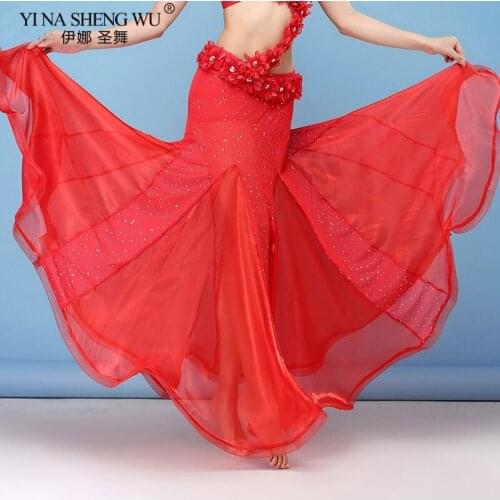New Sexy Women Belly Dance Costume Skirt Performance Stage Show Elegant Bellydancing Wear Wrap Red Dress Long Sequin SwingSkirt