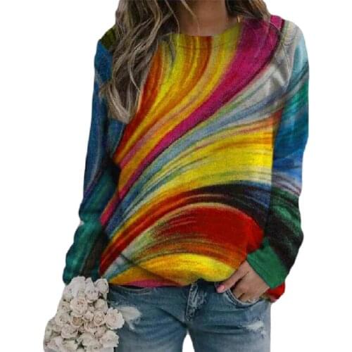 New Spring Autumn Women T-shirts S-5XL Large Size Loose Casual Colour Printed O Neck Long Sleeve Pullover Elegant Ladies T-Shirt