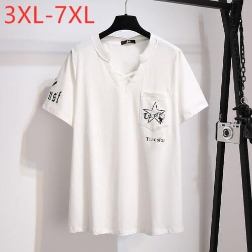 New 2021 Ladies Summer Plus Size Tops For Women Large Loose Short Sleeve White Cotton Pocket V-neck T-shirt 3XL 4XL 5XL 6XL 7XL