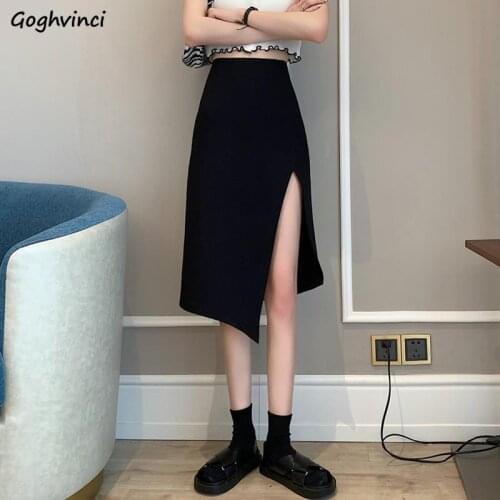 Skirts Women Black Summer Newest Design Side-slit Solid Asymmetrical Empire Evening Club Korean Style College Vintage Elegant