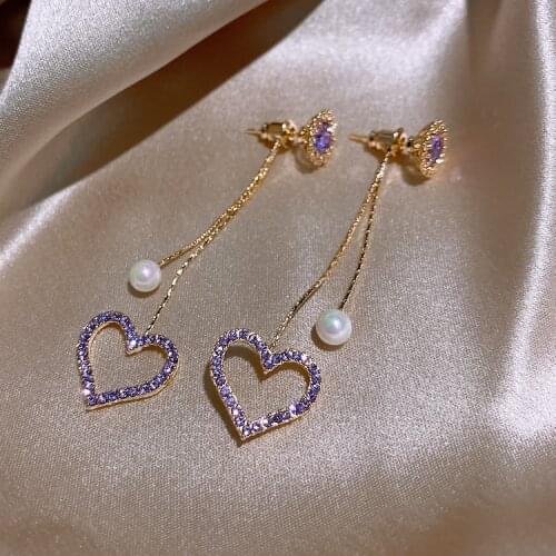2020 Korean New Purple Peach Heart Pearl Tassel Earrings Fashion Temperament Long Pendant Earrings For Women Jewelry