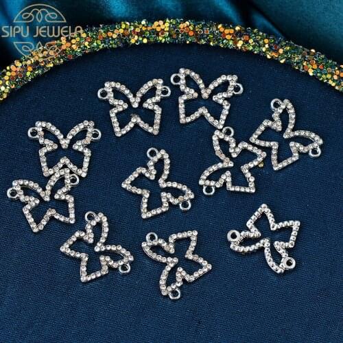 10Pcs Rhinestone Alloy Hollow Butterfly Charms Silver Color Metal 2 Holes Connectors Charm For DIY Necklace Making Accessories